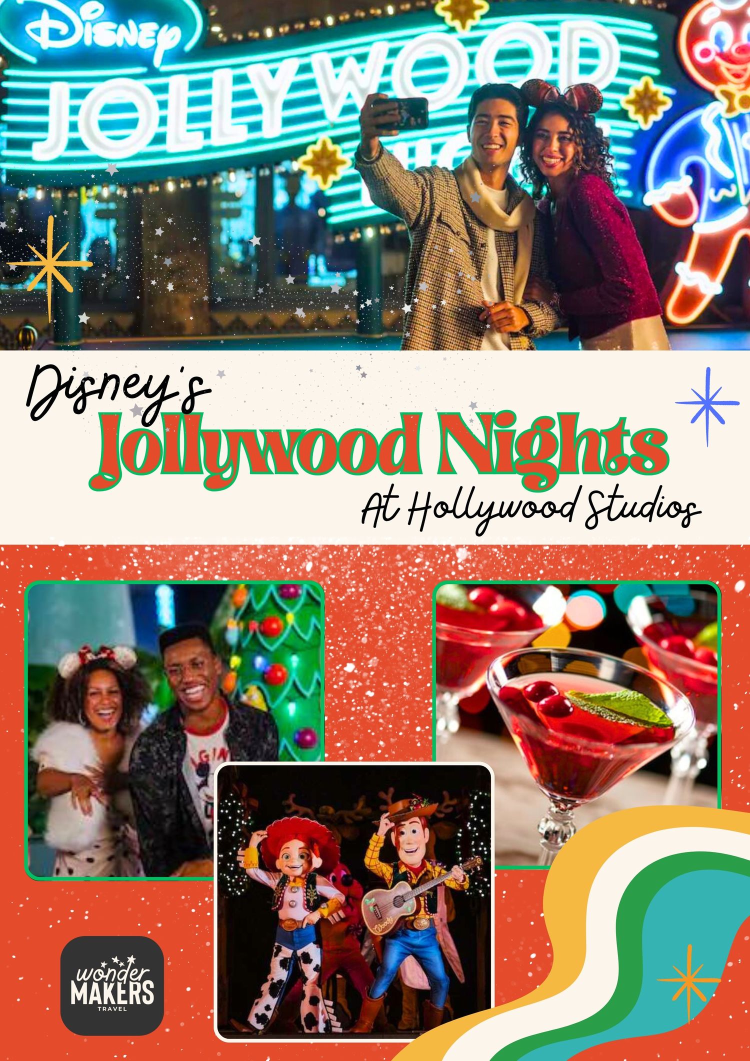 Promotional image for Disney's Jollywood Nights featuring festive holiday drinks and entertainment.