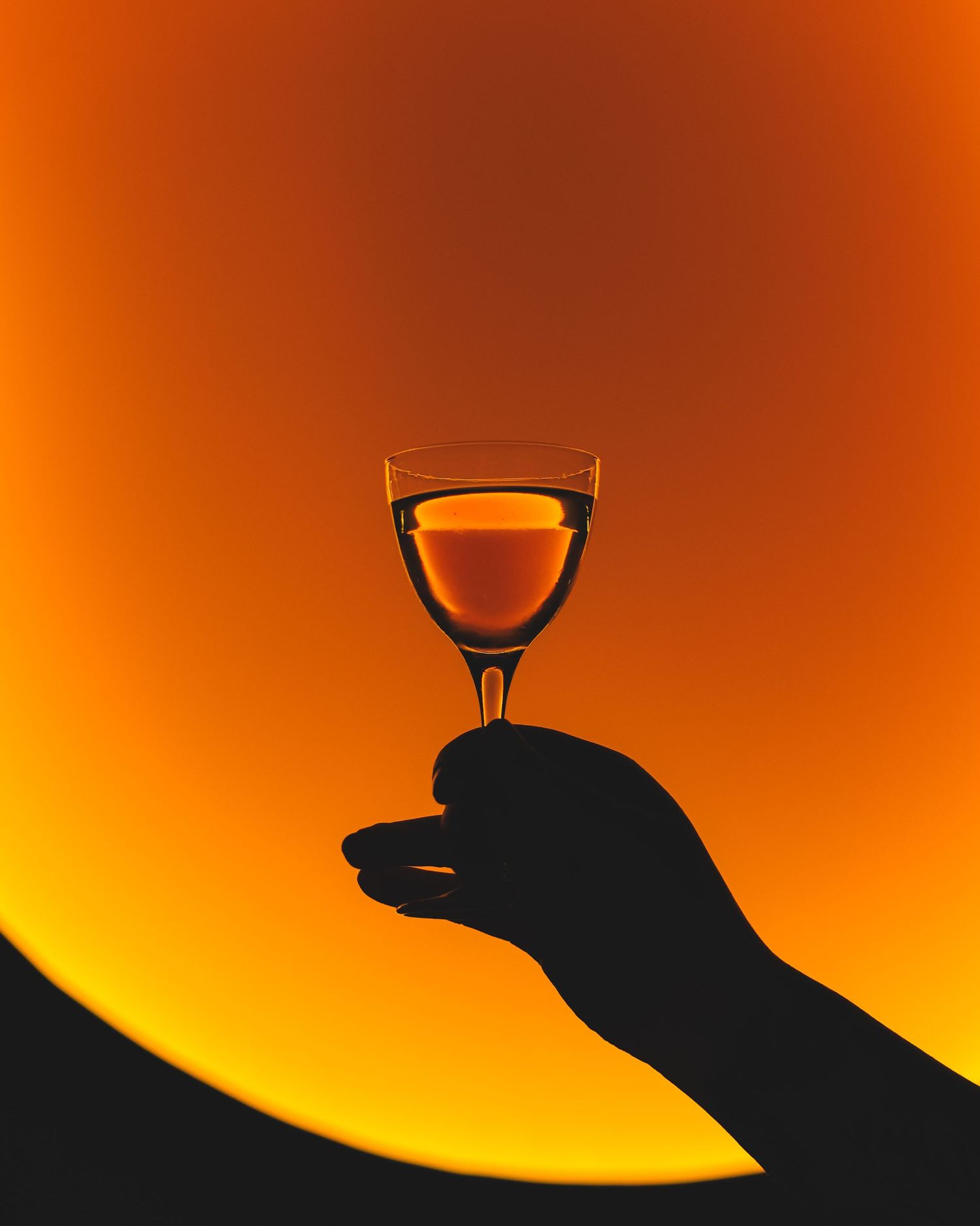 Silhouetted hand holding a wine glass against a vibrant orange sunset backdrop.
