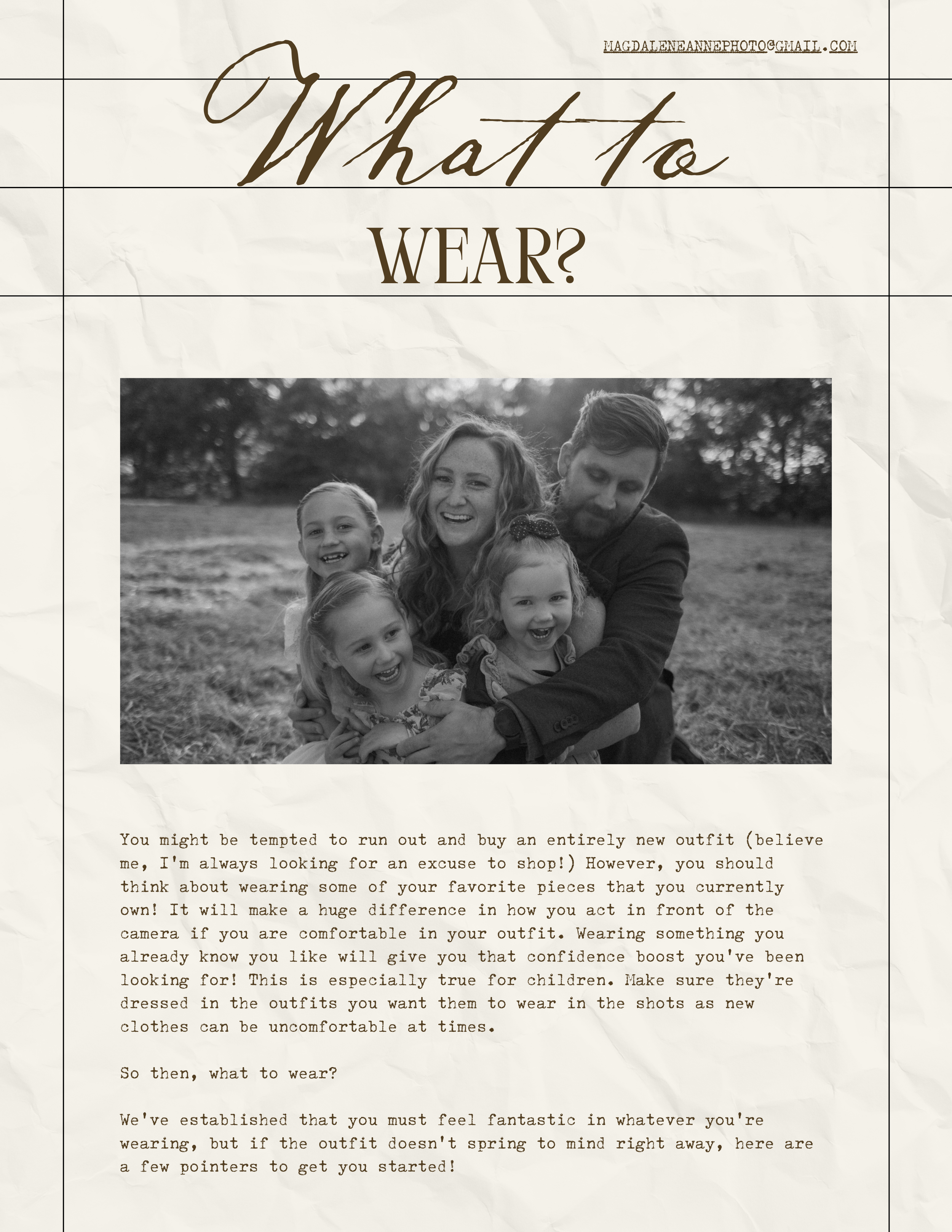 A black and white page from a style guide titled 'What to Wear?' with text content and a family photo.