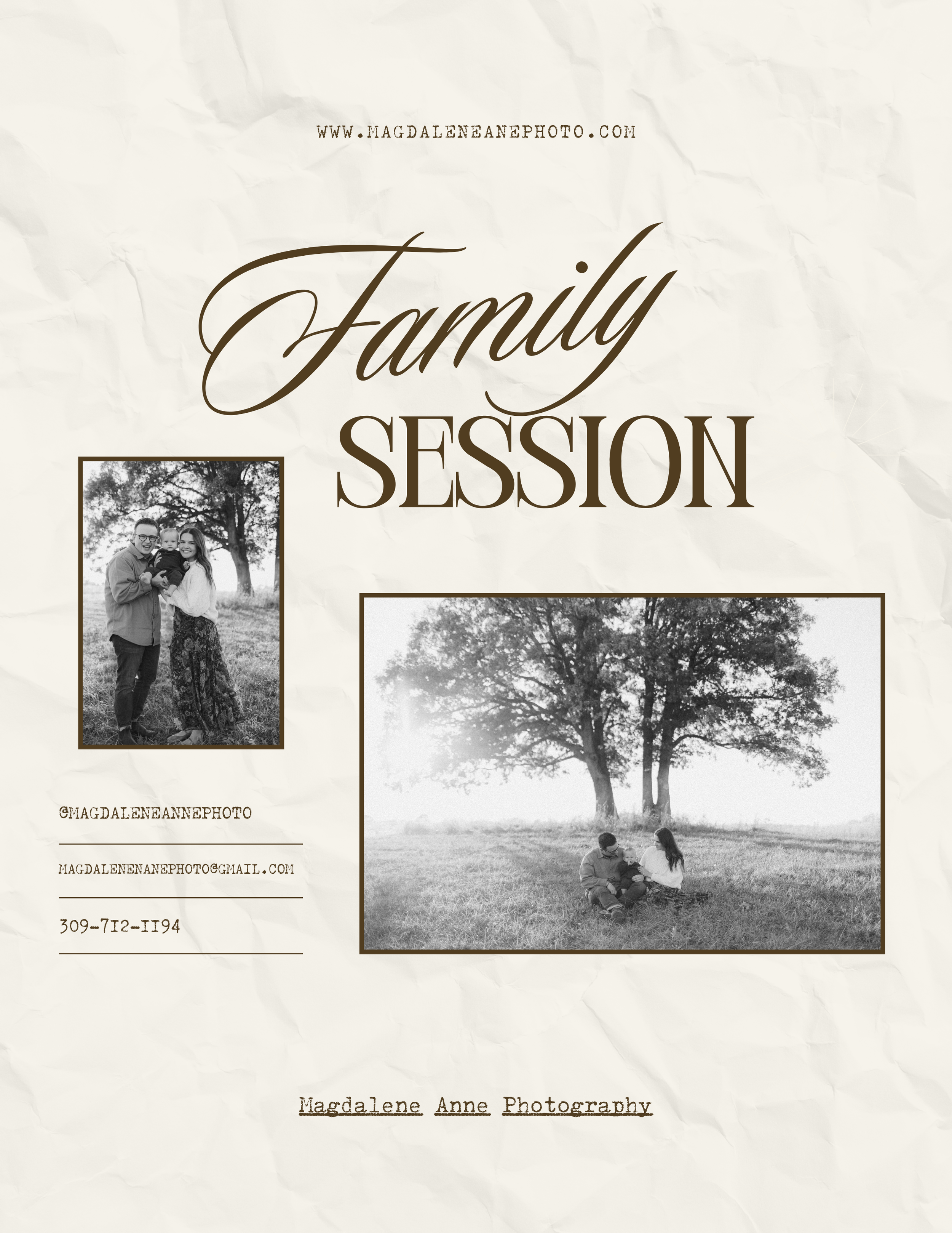 Minimalist neutral-toned website header design showcasing photography services with decorative text and image gallery layout.