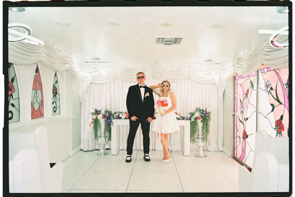Las Vegas elopement in 35mm film at Little White chapel