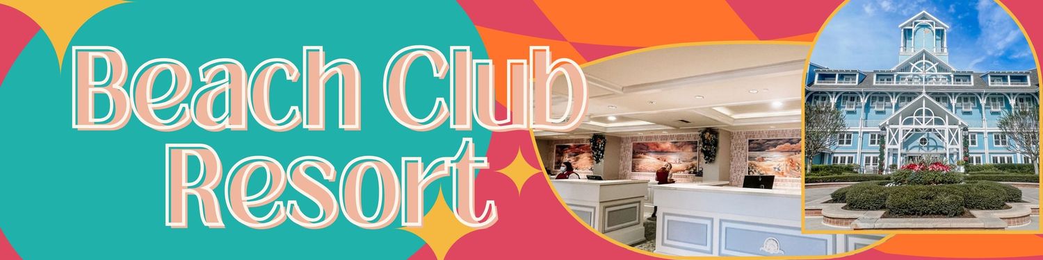 Beach Club Resort banner with retro waves and architectural photo.