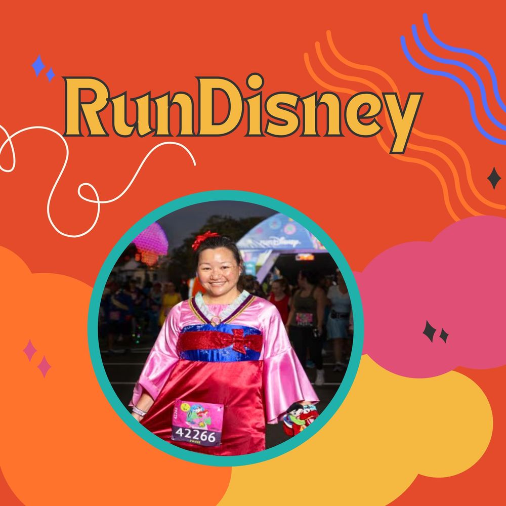 RunDisney text on orange background with flowing abstract design elements.