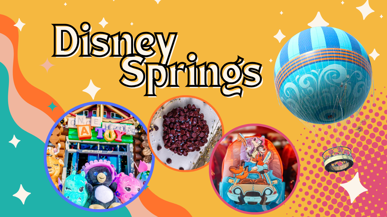 Colorful banner featuring Disney Springs attraction icons and entertainment elements.