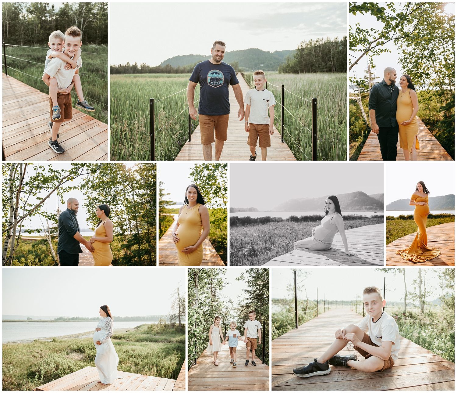 Maternity photo collection on wooden boardwalks with scenic natural backgrounds.
