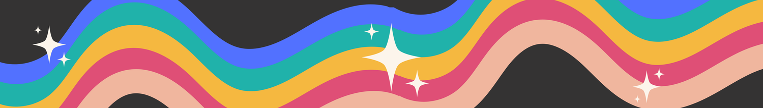 A decorative rainbow wave design banner with stars.