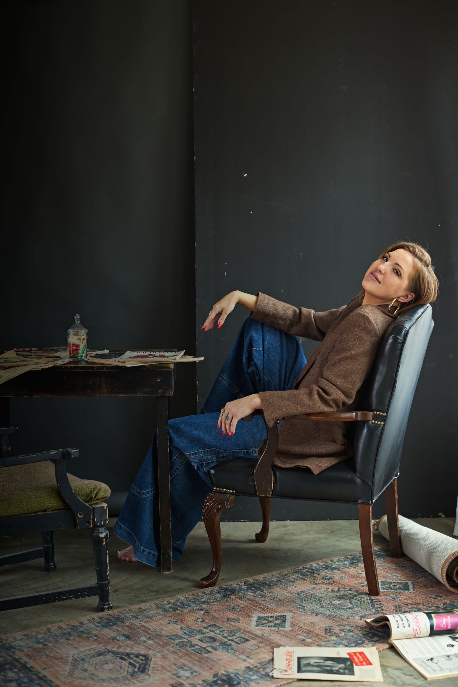 Casual photo sequence showing someone lounging in a chair with books and magazines nearby.