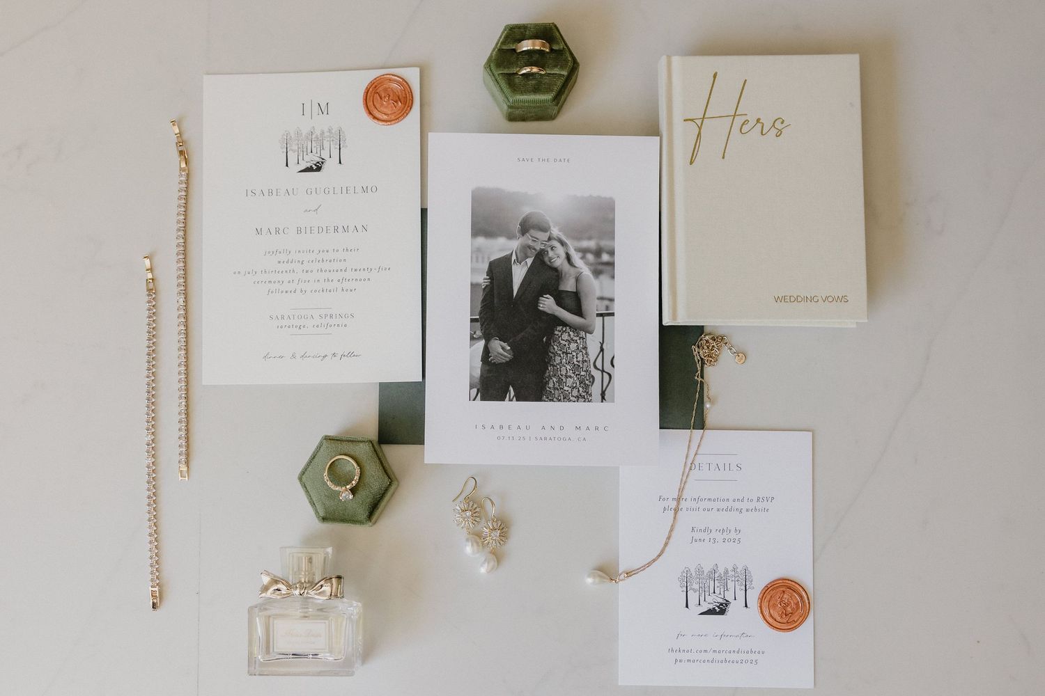 Modern minimalist wedding stationery and invitations displayed on white wall with geometric accents.