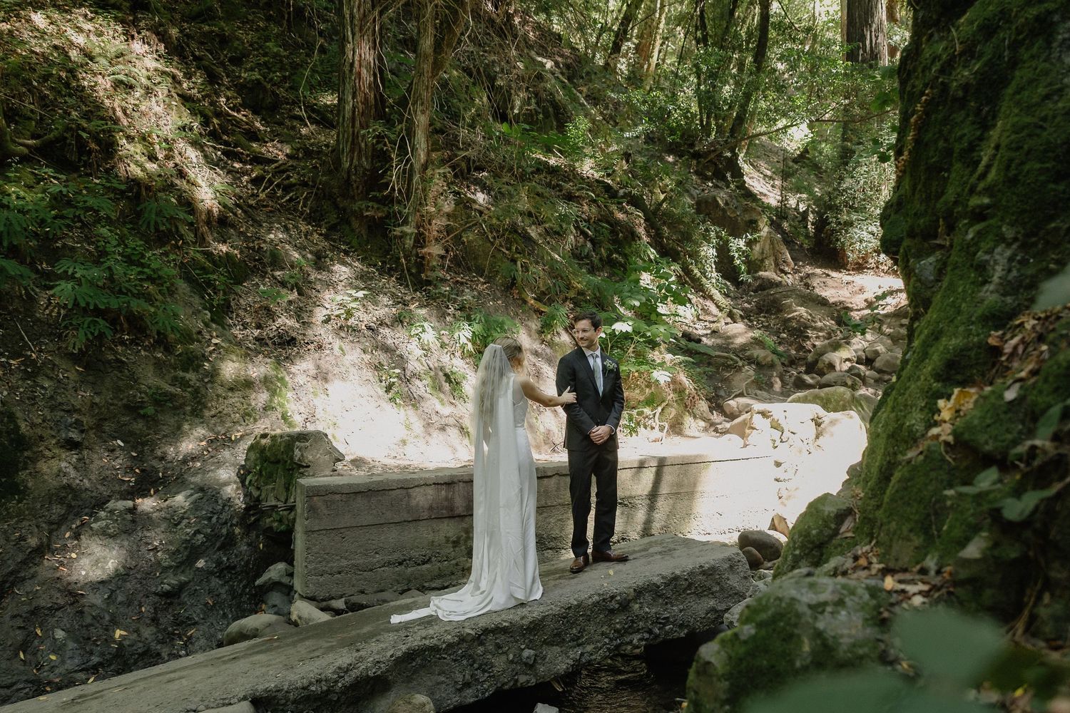 Scenic forest wedding portraits with stone retaining walls and natural greenery.