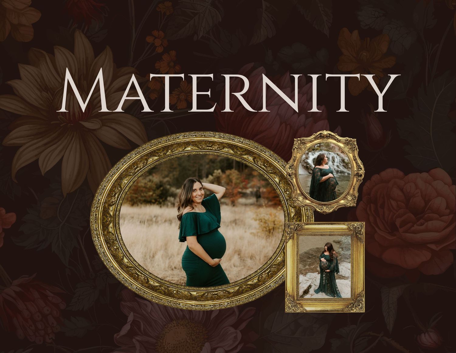 Elegant maternity photography website banner design with ornate vintage borders and decorative elements in dark brown tones.