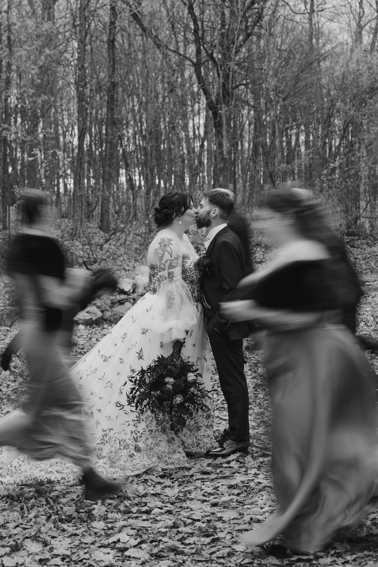 A sequence of black and white photos showing figures engaged in motion against a snowy wooded backdrop.
