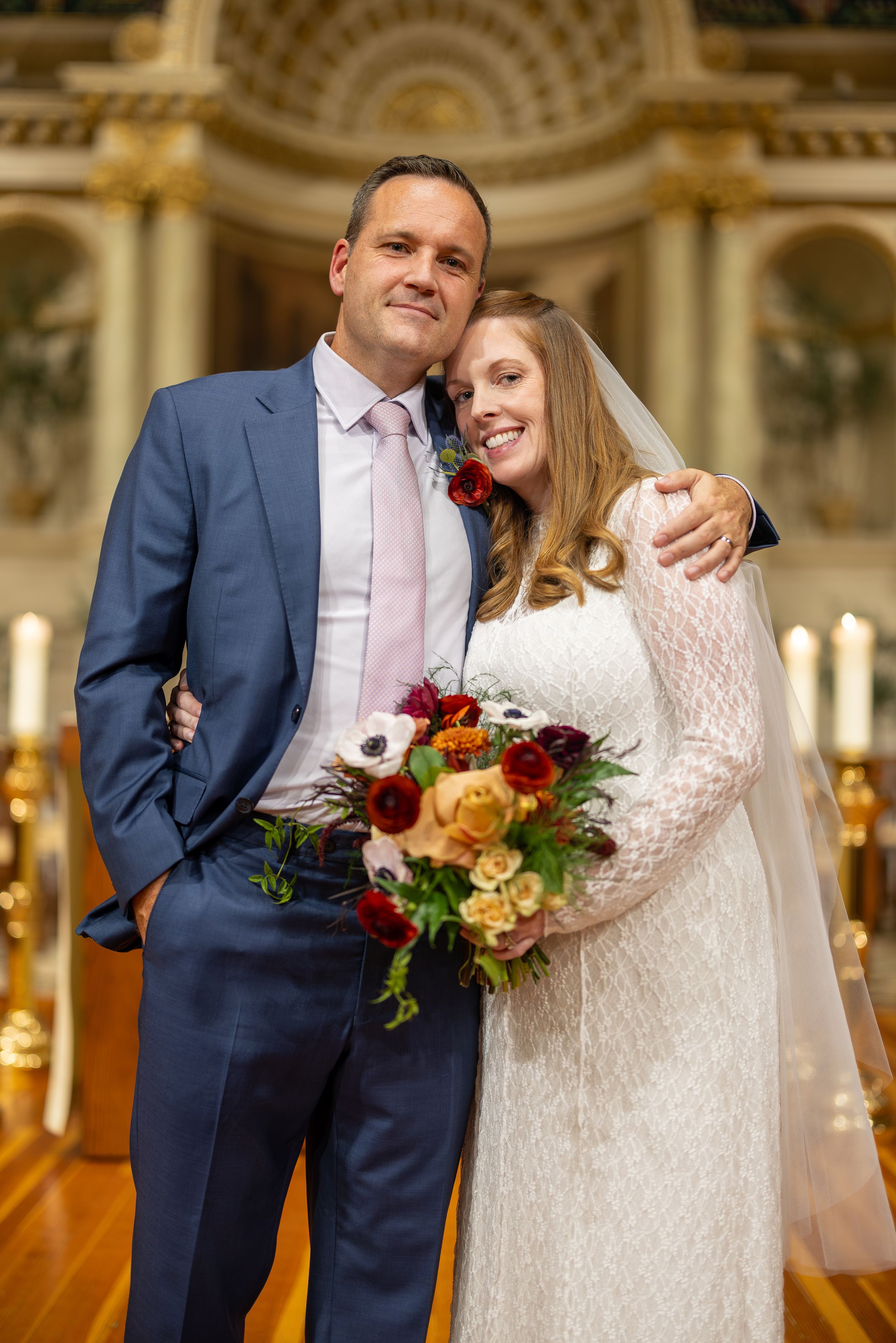 A romantic wedding photoshoot series showing a couple in formal attire embracing in an elegant indoor venue with ornate details.