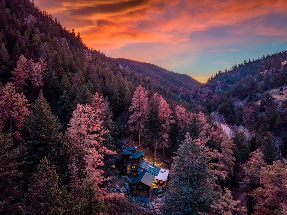 Aerial/drone photo of Prospector's Pine at sunset by Denver Hospitality, Travel & Tourism photographer Captain Colorado Photography.