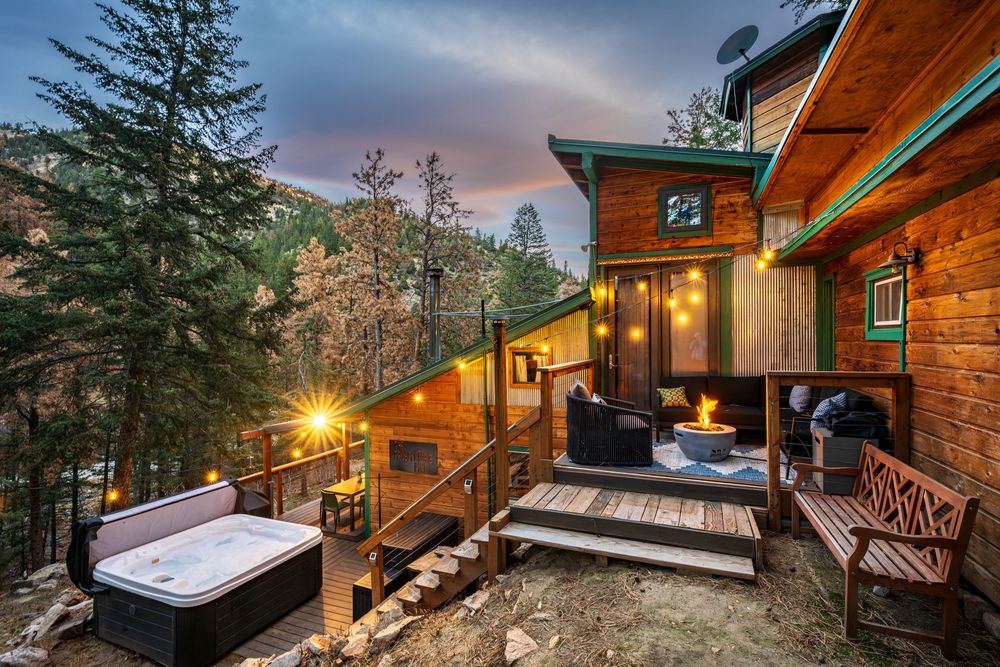 Sunrise shot of hot tub & firepit by Denver Hospitality, Travel & Tourism photographer Captain Colorado Photography.