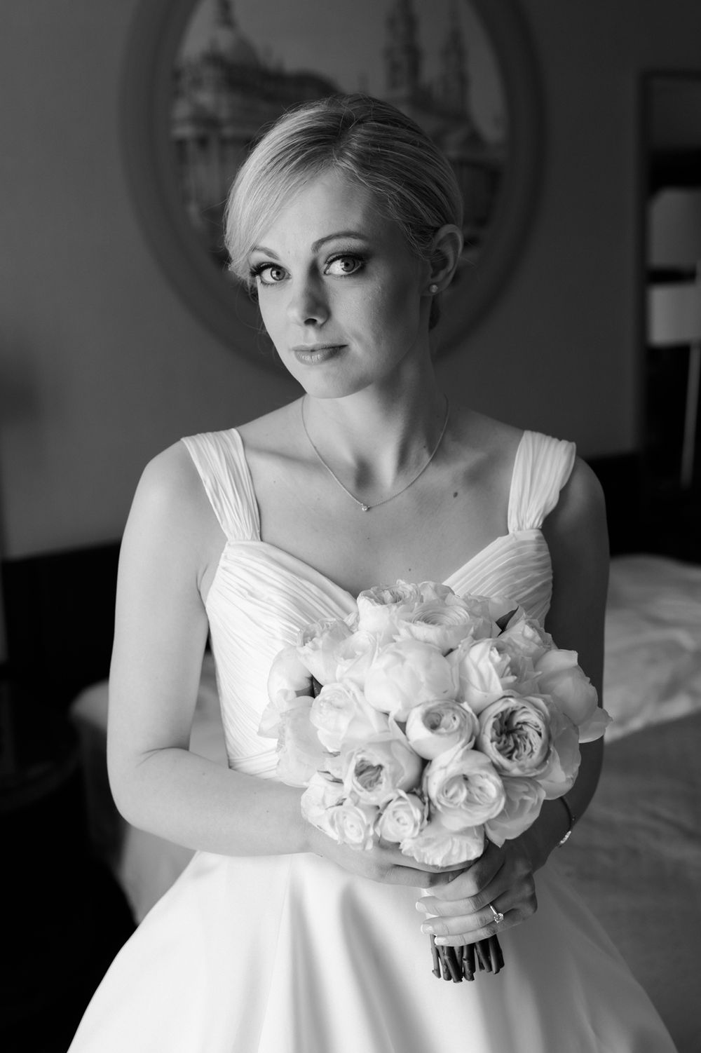 Portrait of bride in hotel room downtown Chicago, Illinois.