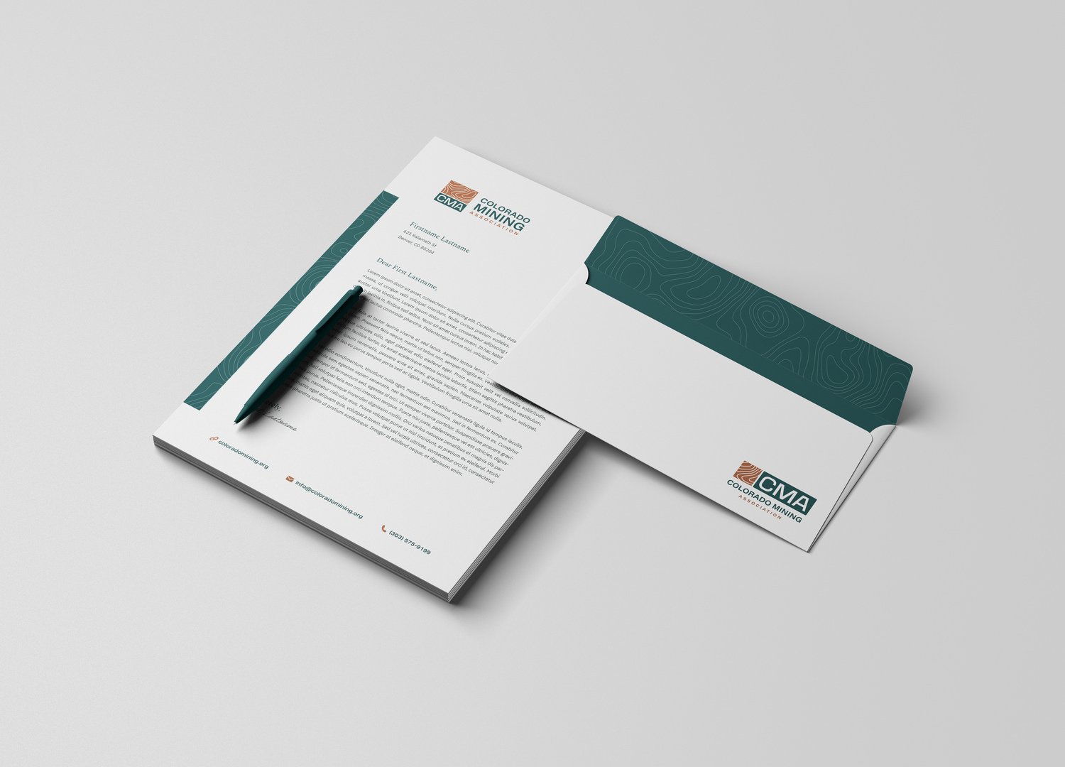 Minimal stationery mockup with letterhead and business cards on light gray background.