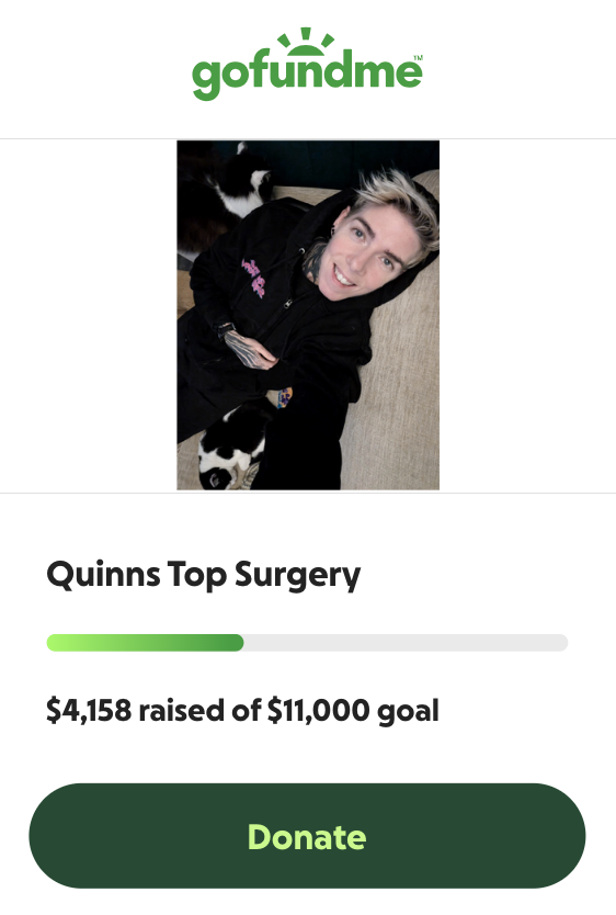 A GoFundMe fundraising campaign page showing $1,840 raised out of a $5,500 goal for top surgery.