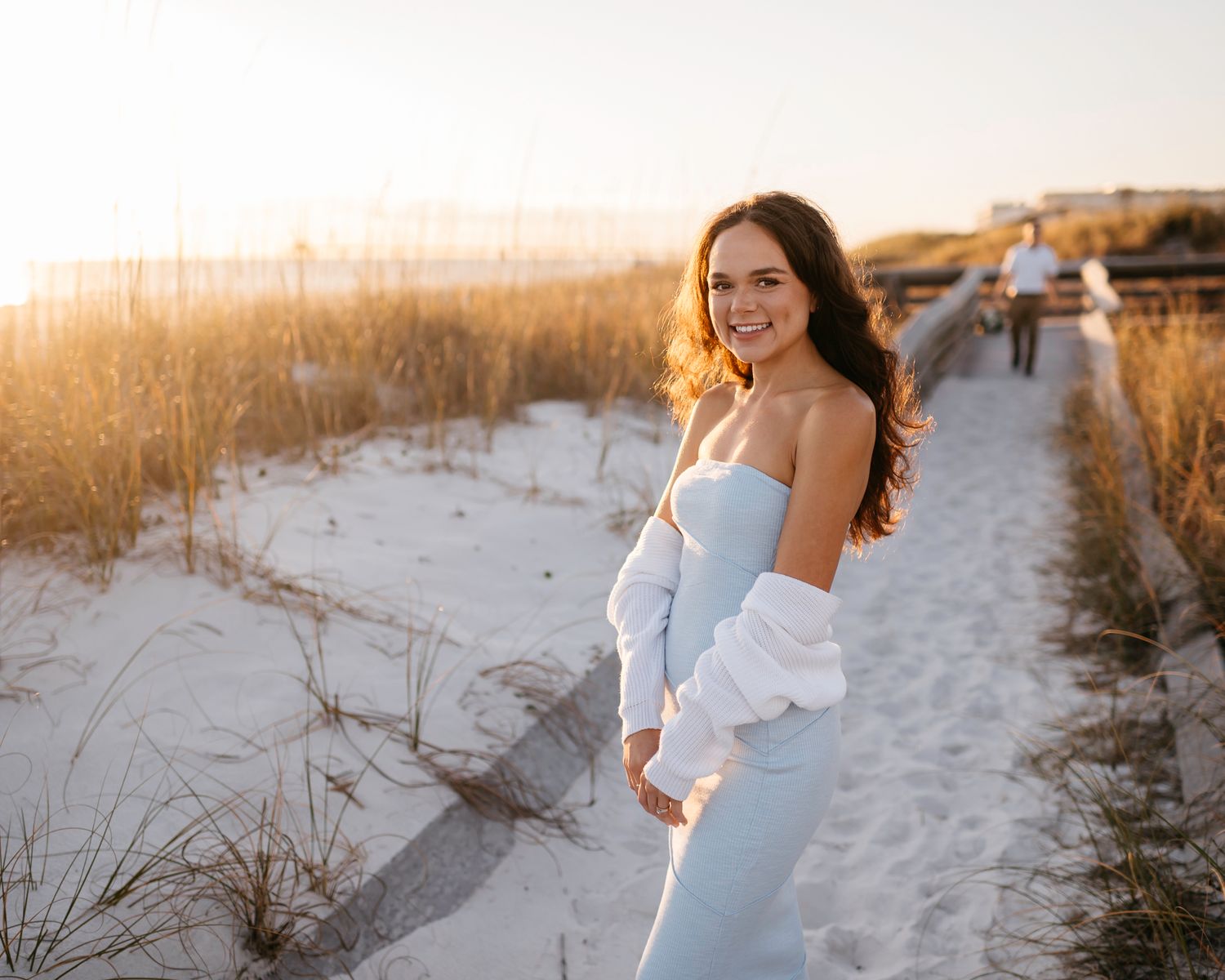 Beautiful sunset at fort Walton beach with a professional photographer & young couple looking to get married in the spring.