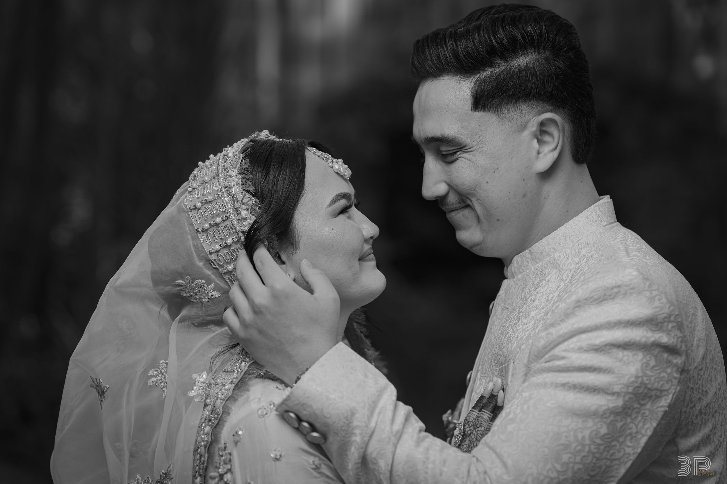 A series of black and white wedding photographs showing romantic moments between couples during their ceremonies.