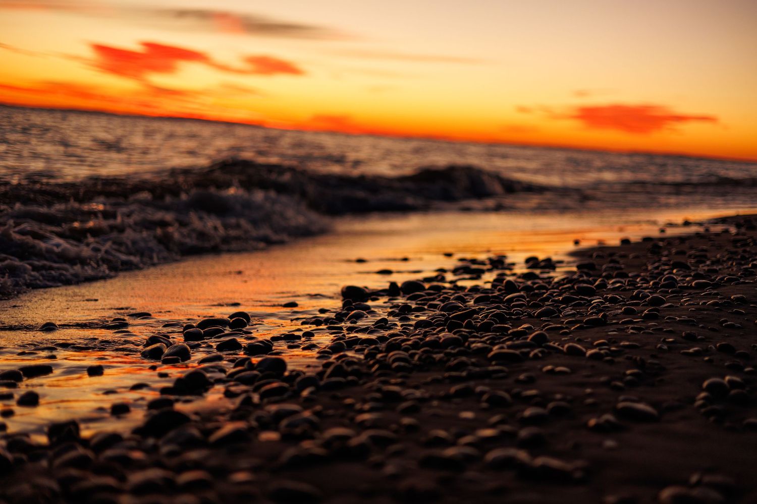 Rocky shoreline at Whitefish Point along Lake Superior during golden light