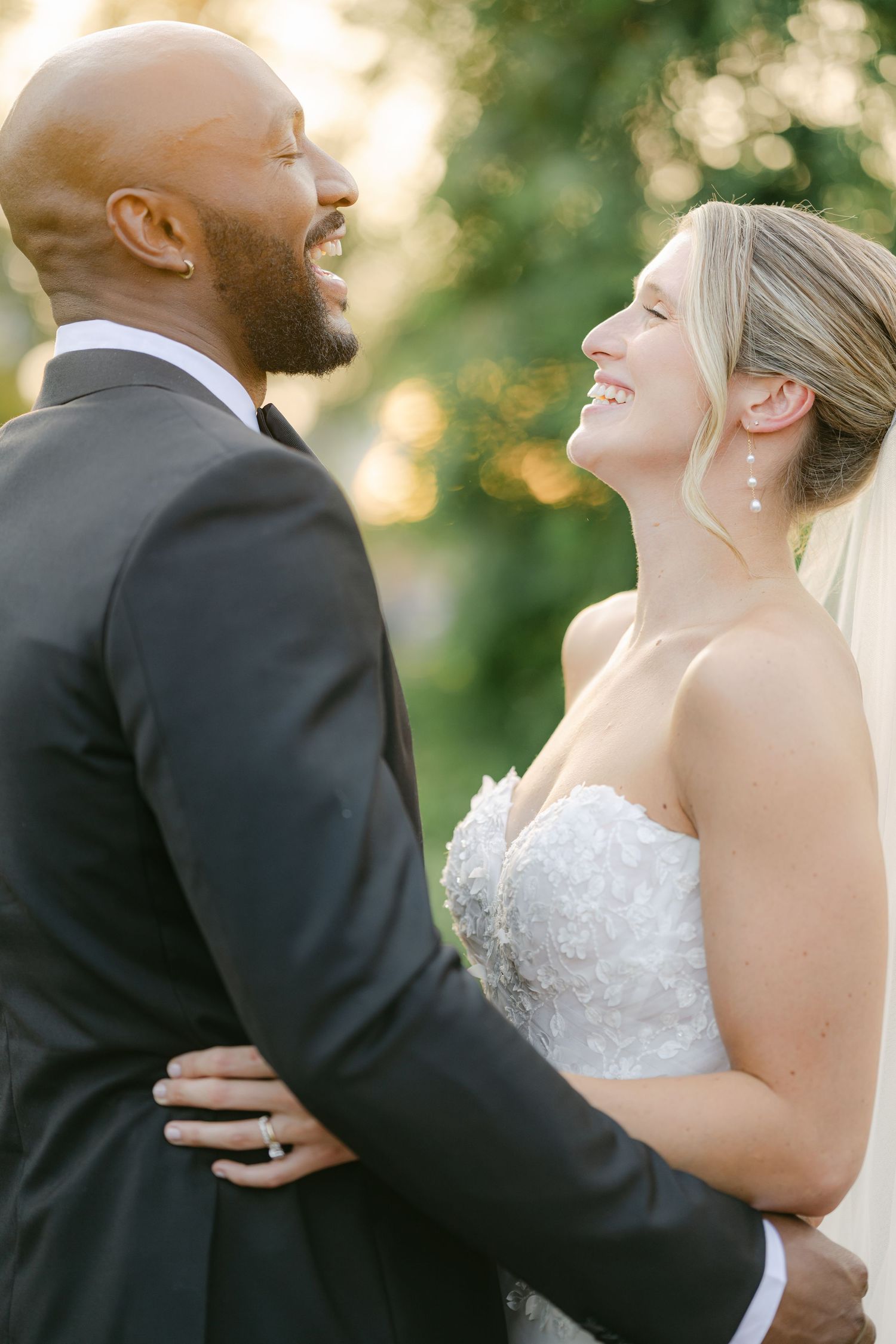 Romantic wedding photo sequence showing couple in formal attire embracing and laughing together outdoors. - Elawa Farm