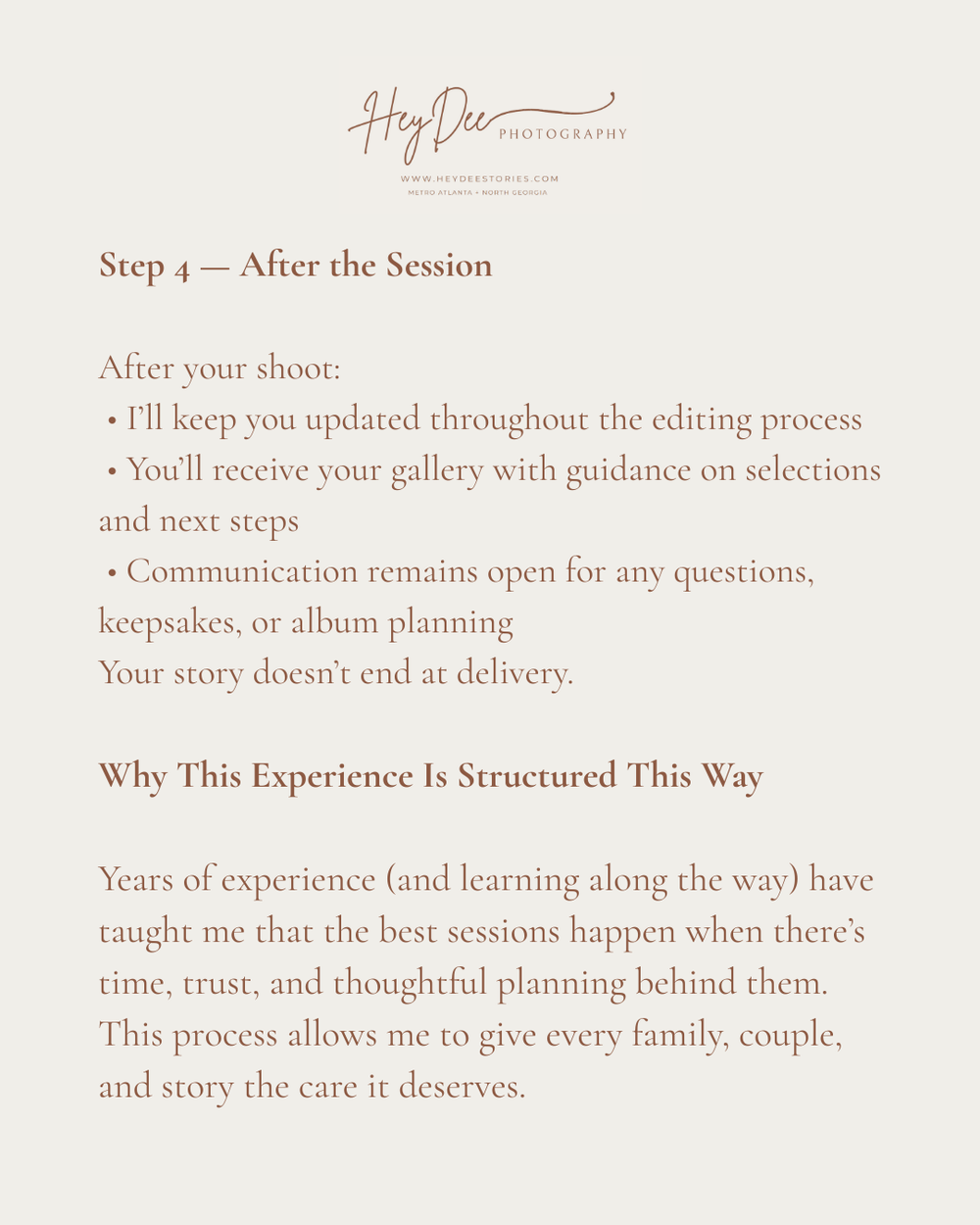 Post-session information page describing the photo delivery process and client experience.