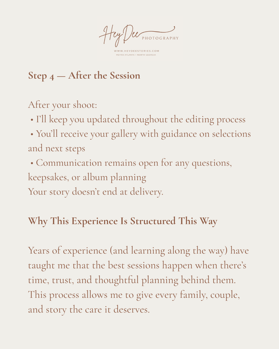 Post-session information page describing the photo delivery process and client experience.