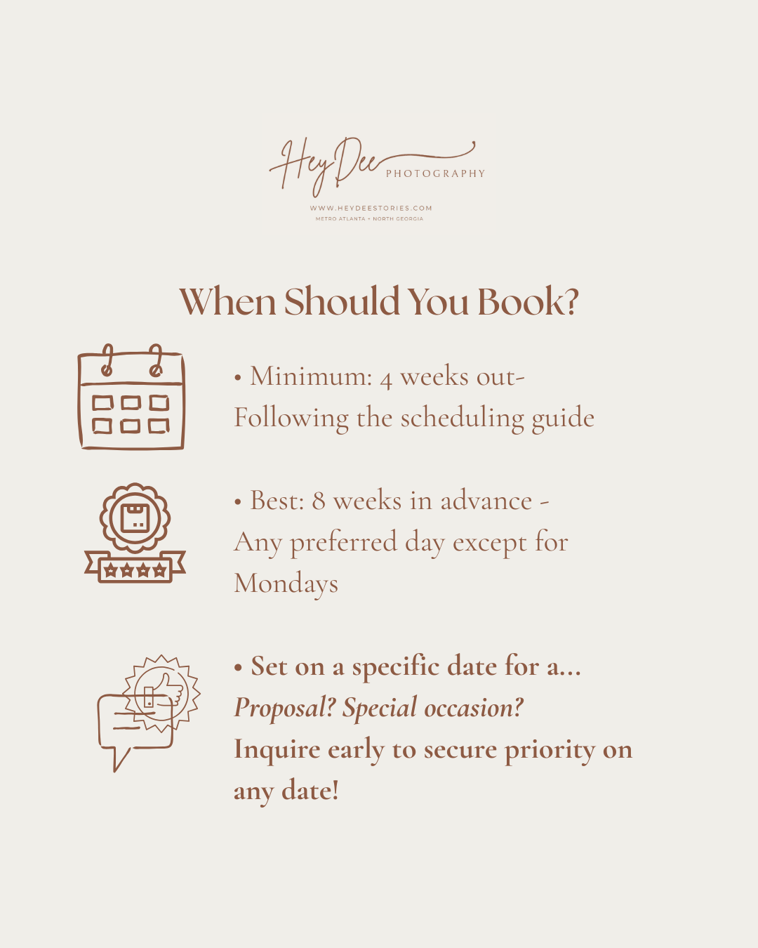 Booking timeline guide showing when to schedule photography sessions with minimum advance notice requirements.