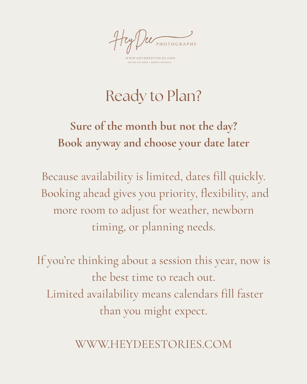 Photography session planning information with tips about booking timeframes and availability.