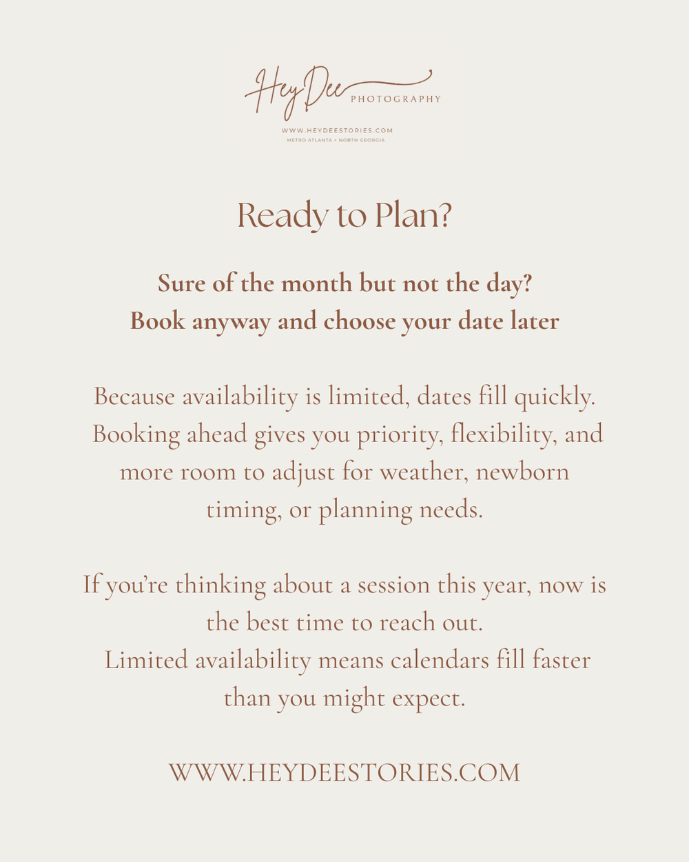 Photography session planning information with tips about booking timeframes and availability.