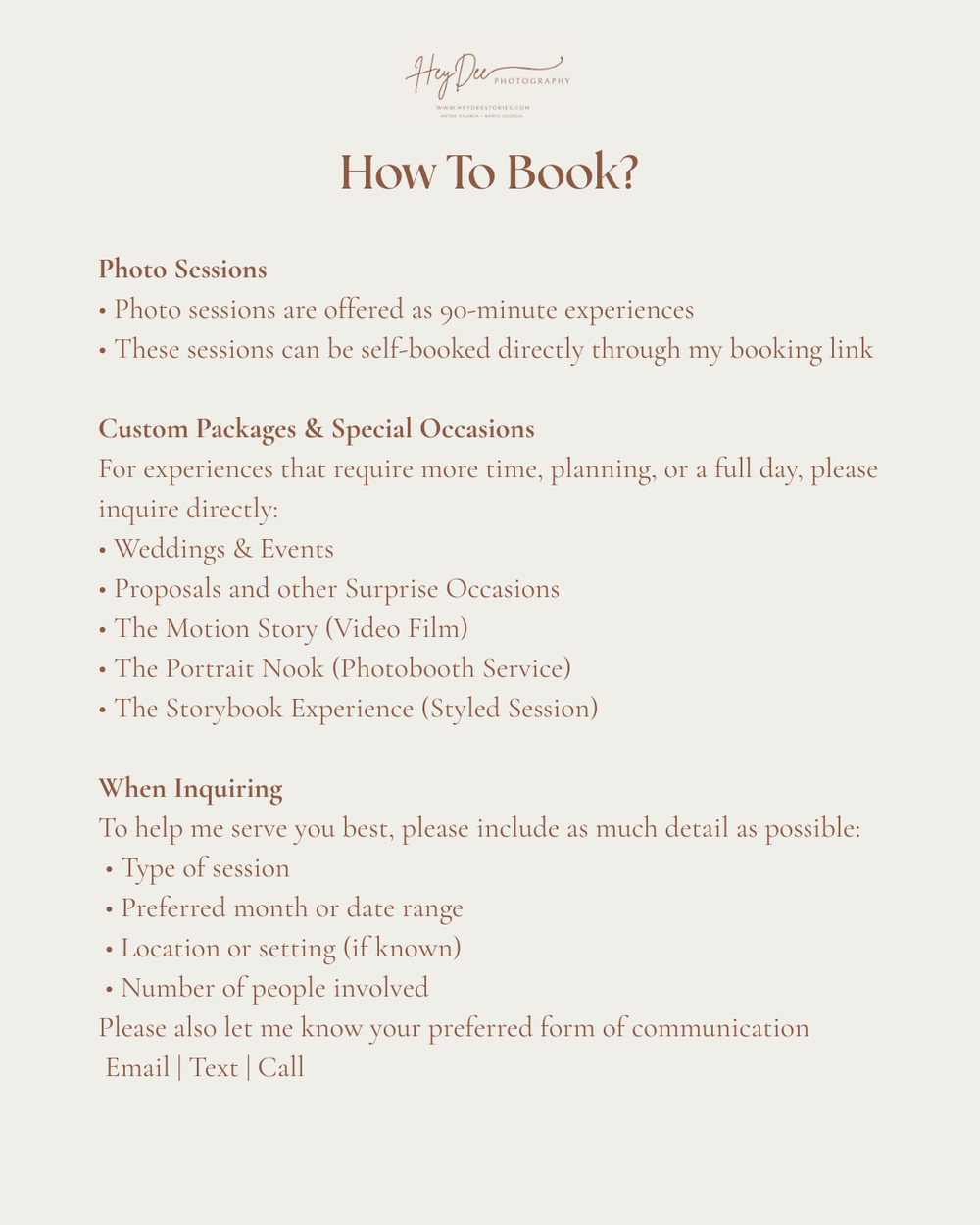 Photography booking information page detailing session types and custom package offerings.