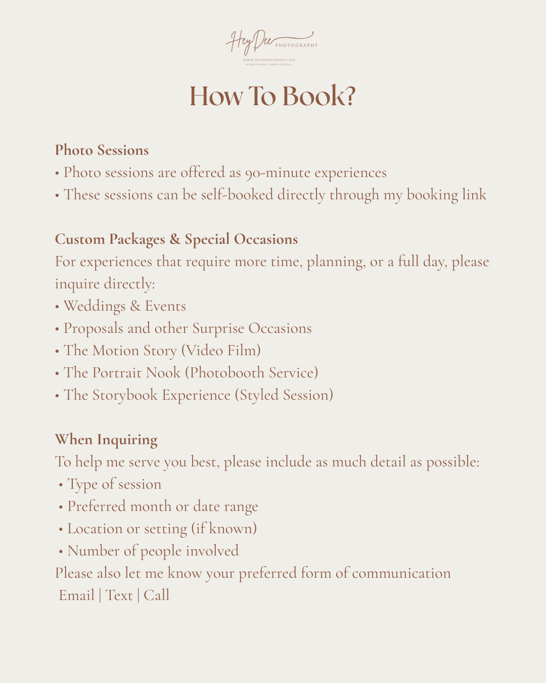 Photography booking information page detailing session types and custom package offerings.