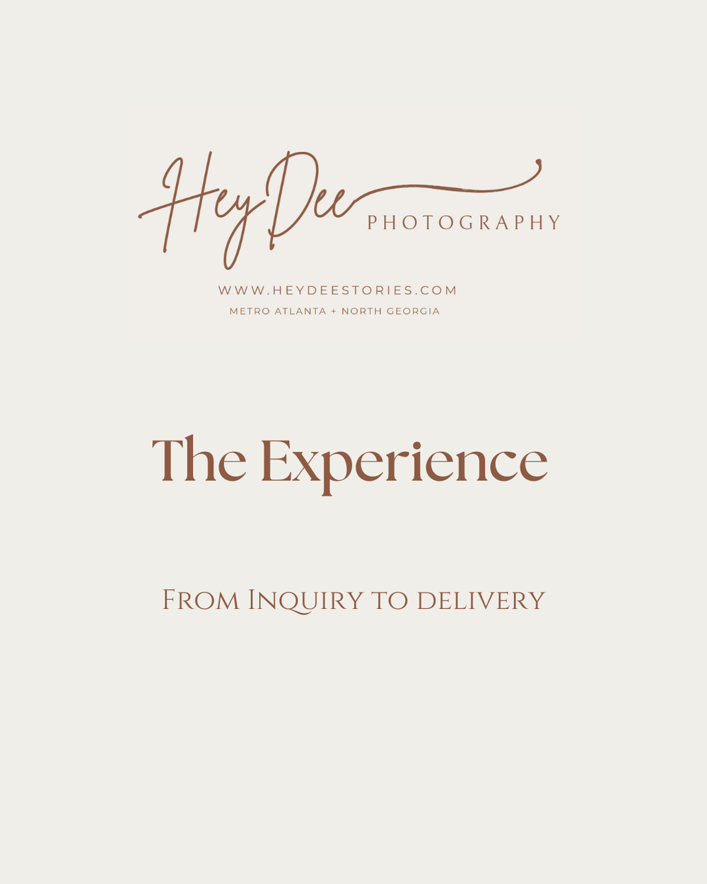 Photography experience overview page with elegant typography and branding elements.