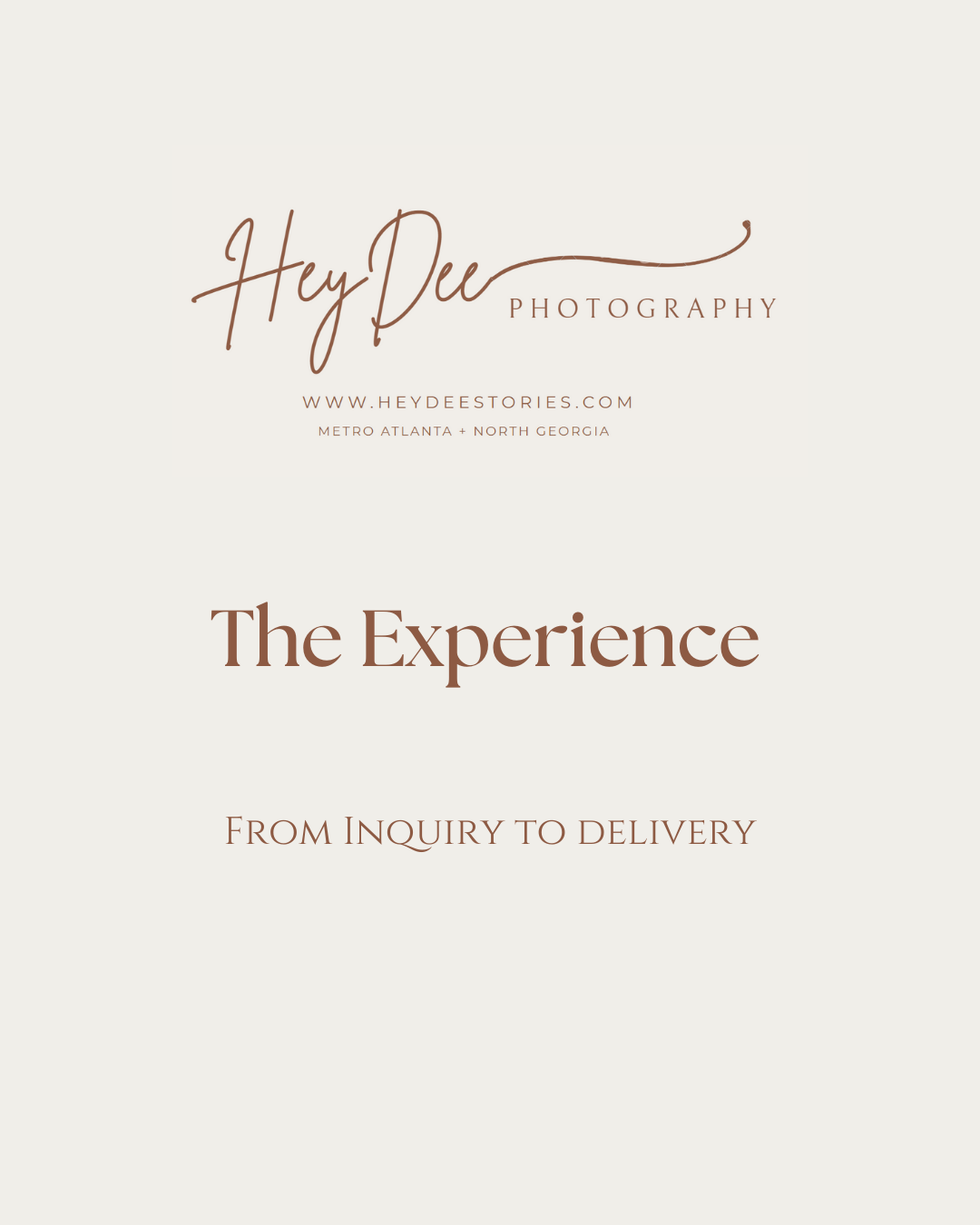 Photography experience overview page with elegant typography and branding elements.