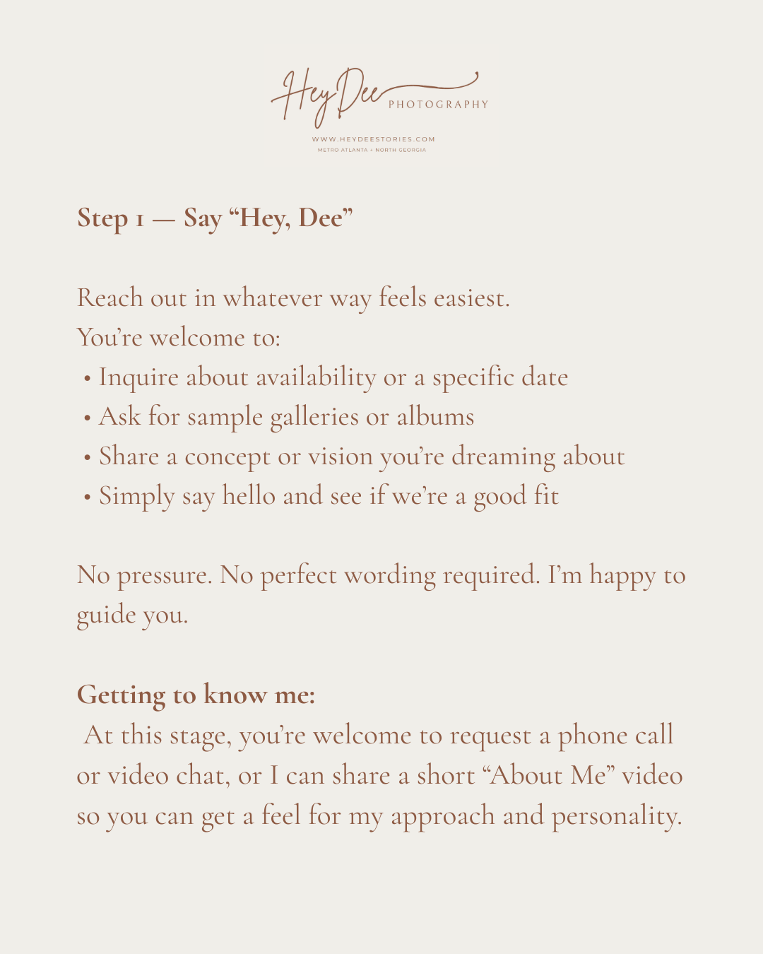Step-by-step guide for initial photography session inquiry and consultation process.
