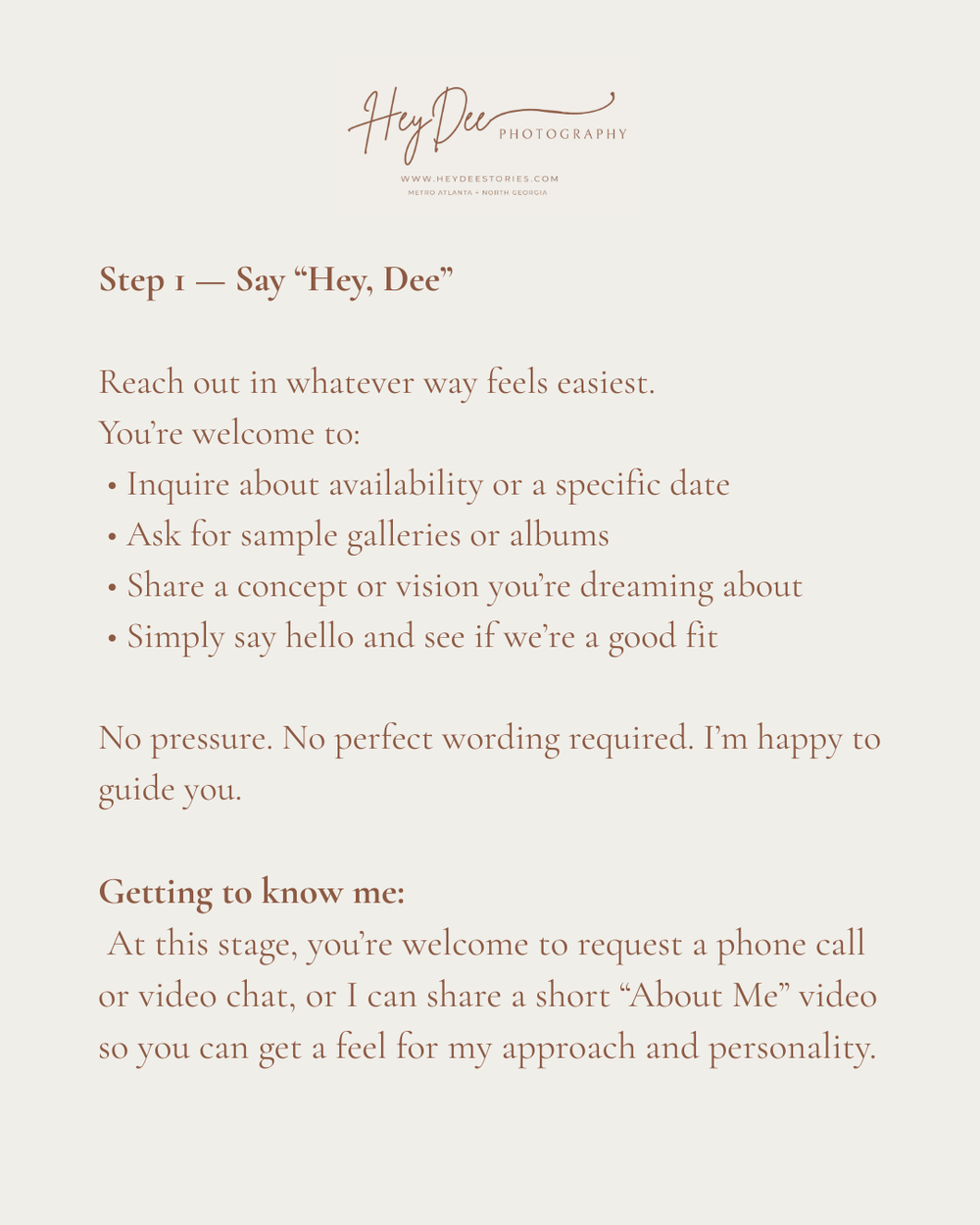 Step-by-step guide for initial photography session inquiry and consultation process.