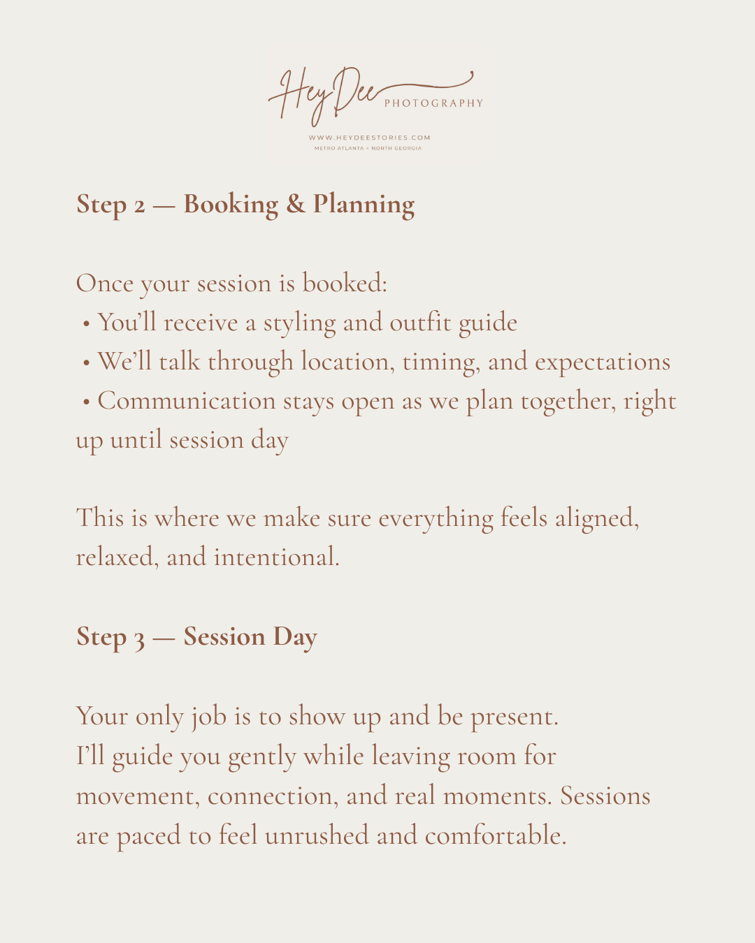Detailed photography session planning guide explaining the booking and preparation process.