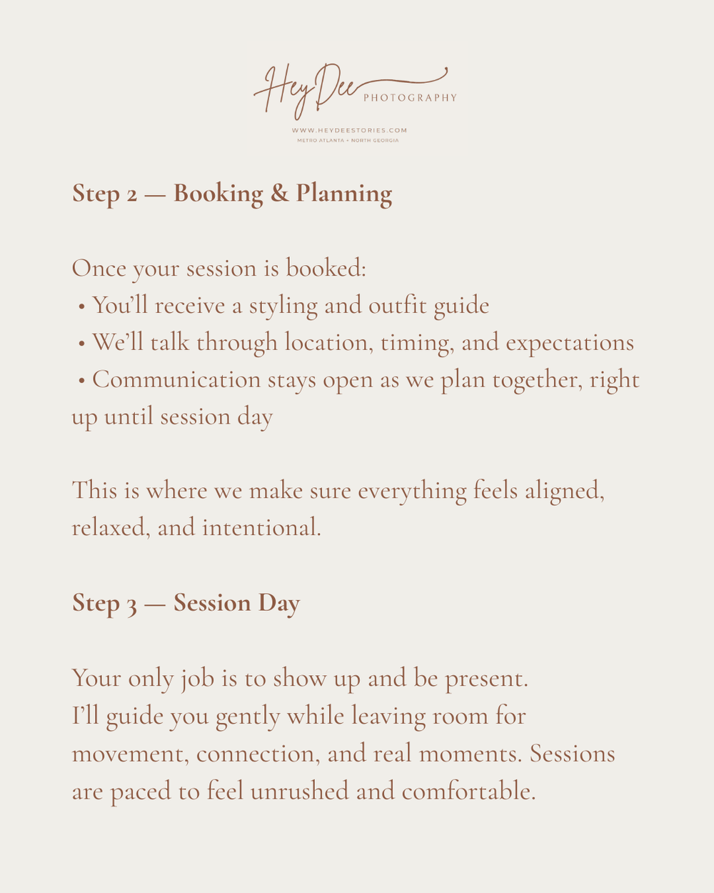 Detailed photography session planning guide explaining the booking and preparation process.