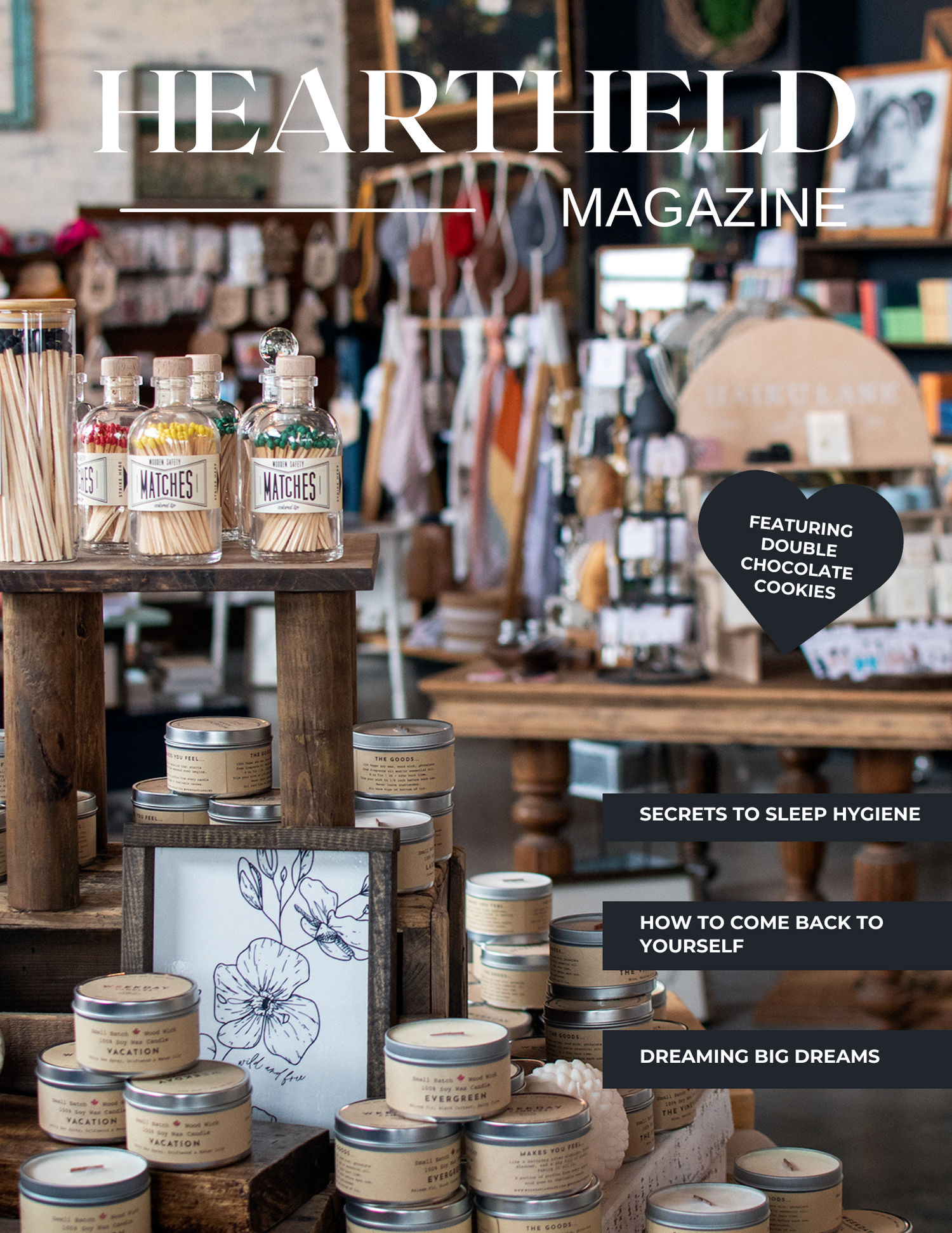 Magazine cover showing artisanal products with glass jars and natural skincare items displayed on wooden surfaces.