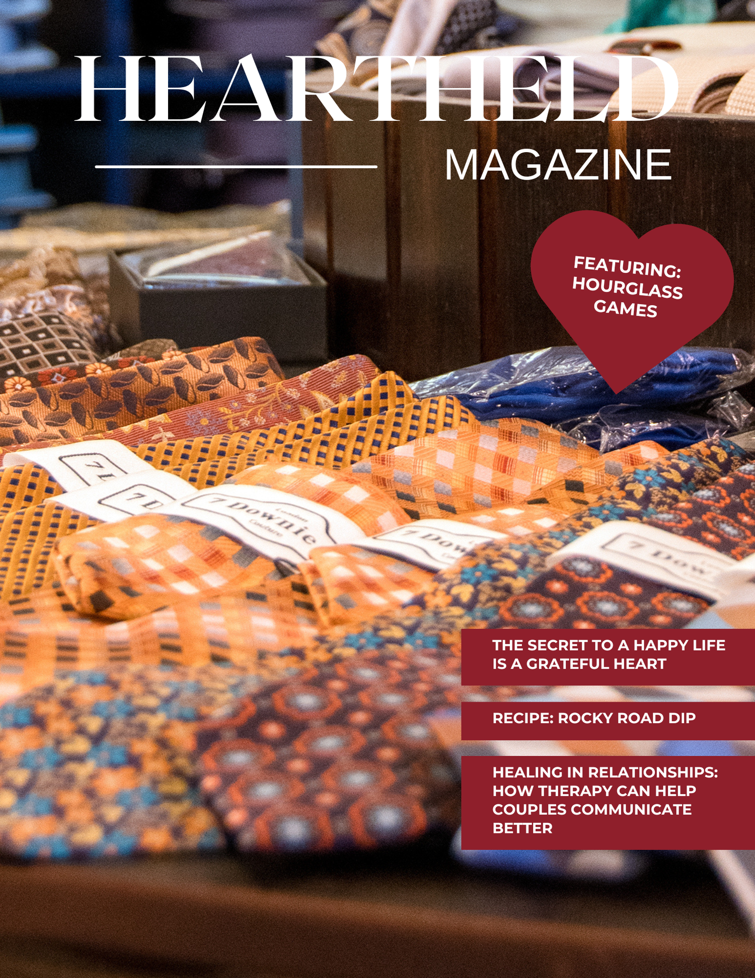 Magazine covers and recipe cards displayed on a wooden surface with blurred text and warm lighting effects.