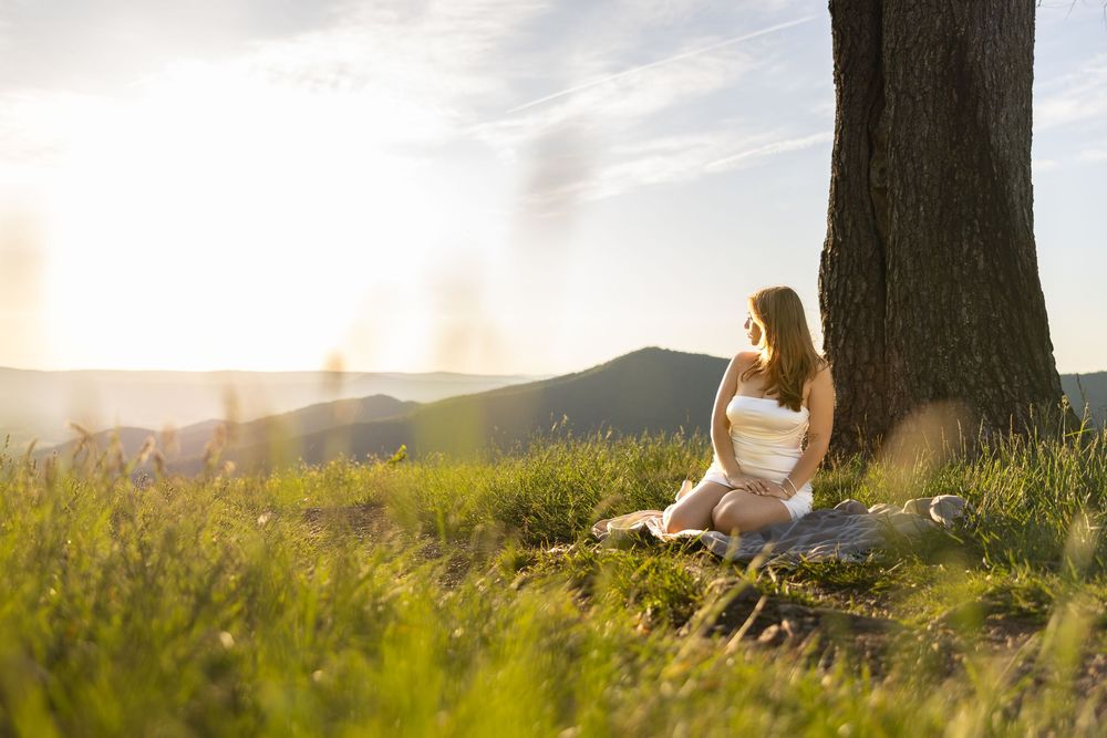 Silhouette of person sitting under tree at sunset in grassy meadow with mountains in background.