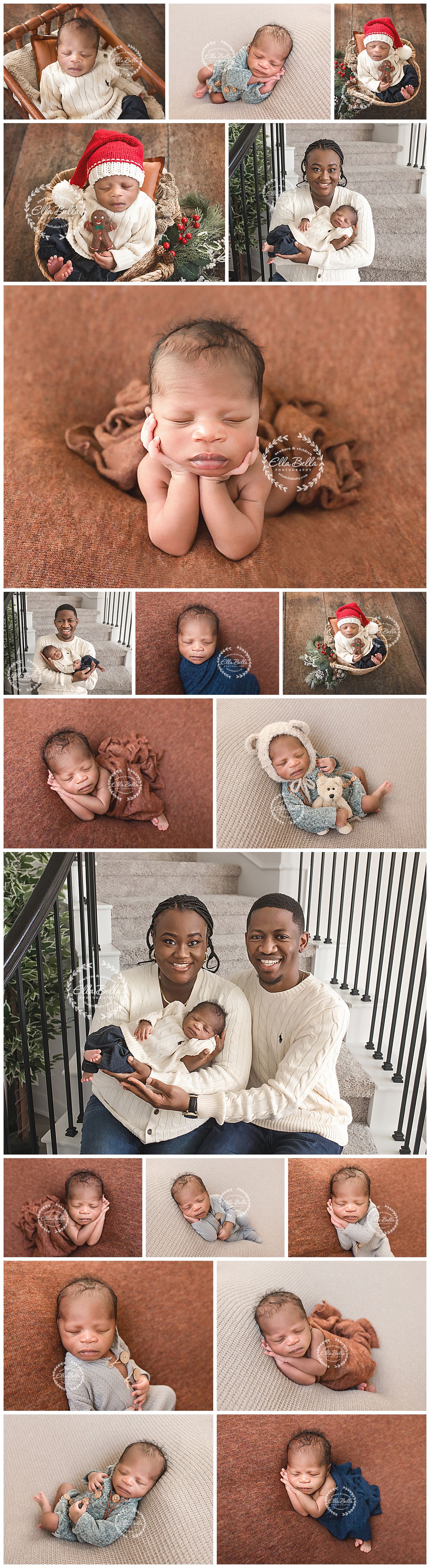 A collection of professional newborn and family photography portraits showcasing tender moments on brown and neutral backgrounds.