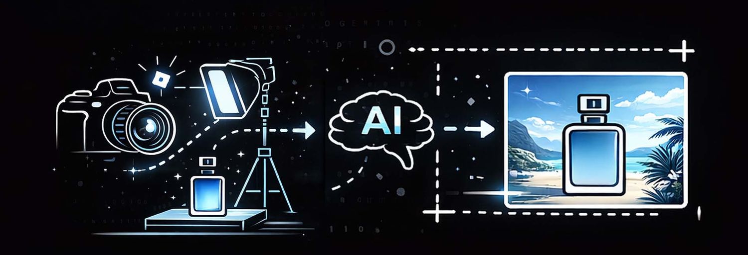A series of minimalist tech-themed banner illustrations with icons and dotted lines on dark backgrounds.