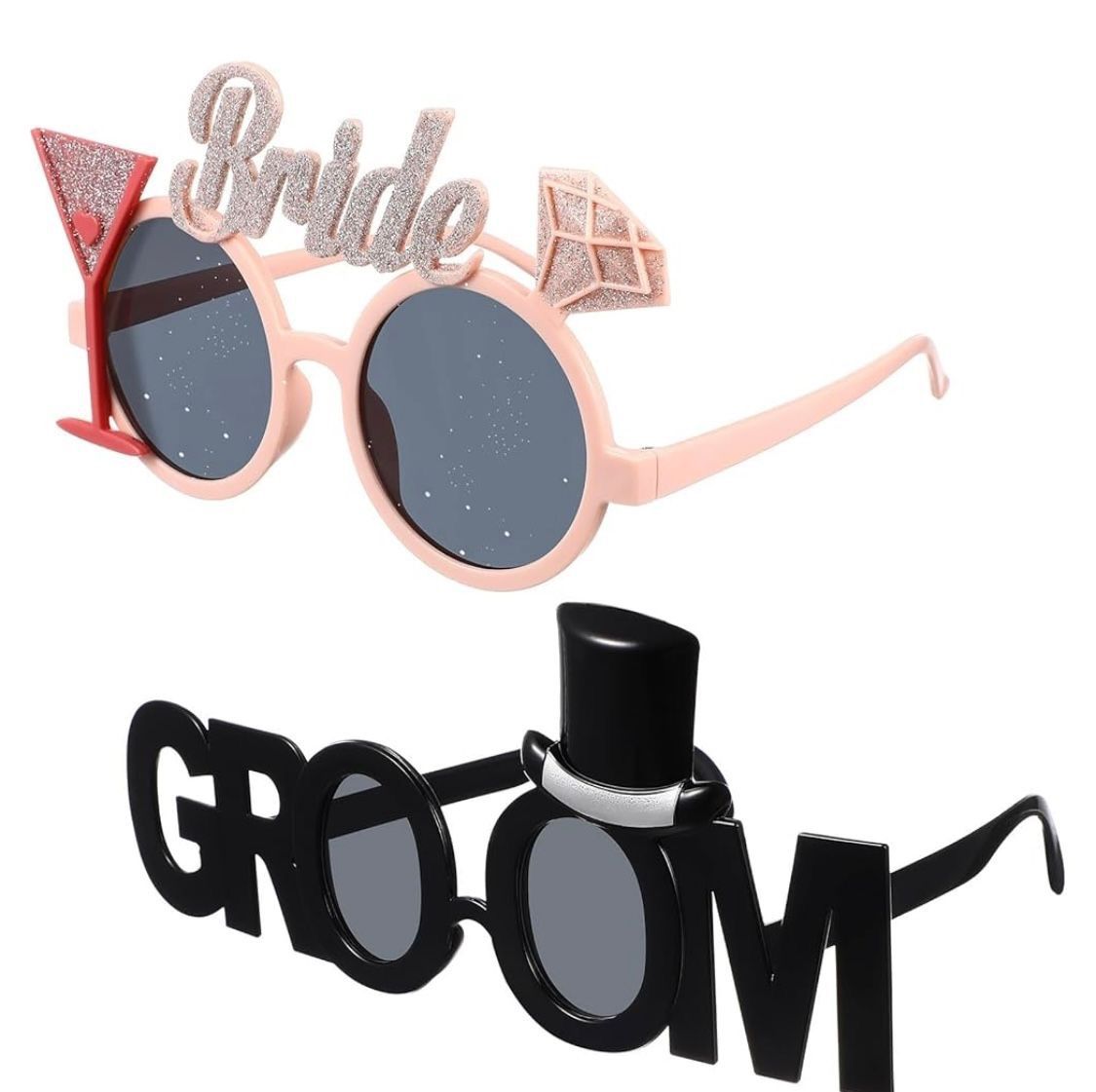 Stylish bride and groom glasses, adding a fun and personalized touch to your wedding photo booth experience.