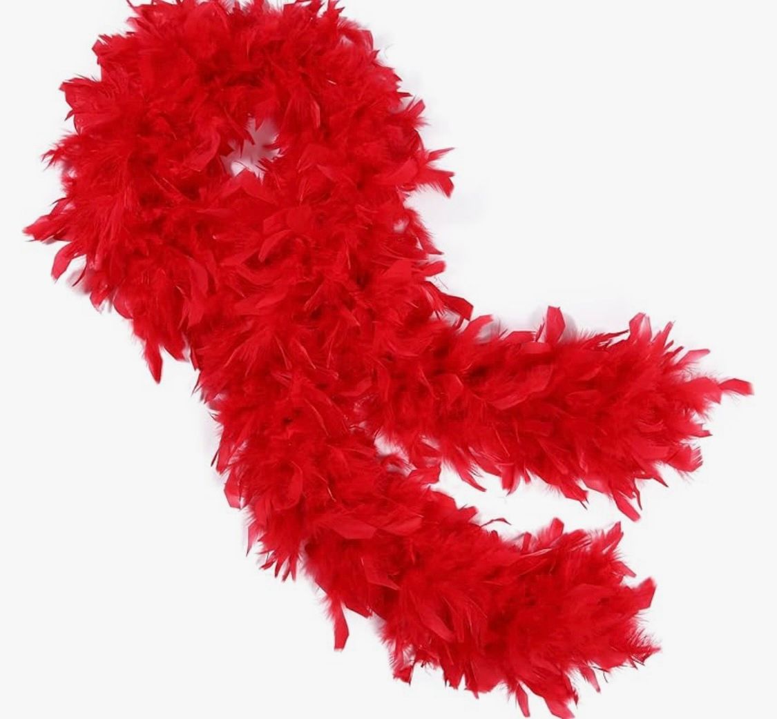 Add flair with a colorful feather scarf prop, available in red and other vibrant hues, perfect for a bold and stylish photo booth look!