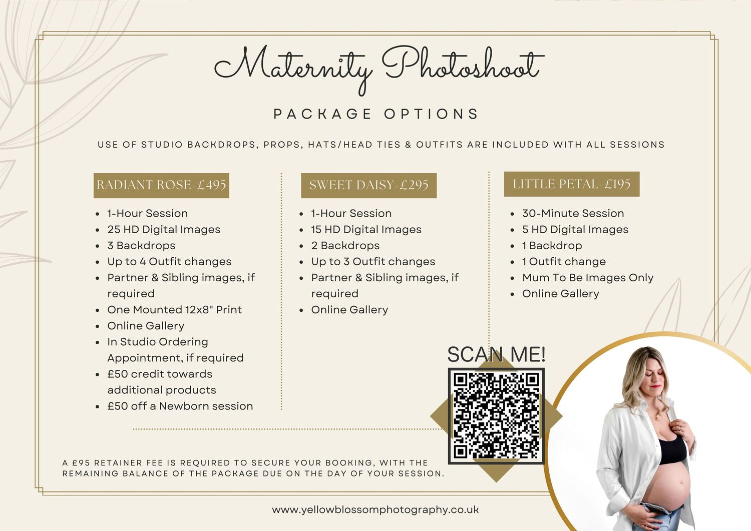 Maternity photography pricing menu template with package options and QR code on vintage beige paper.