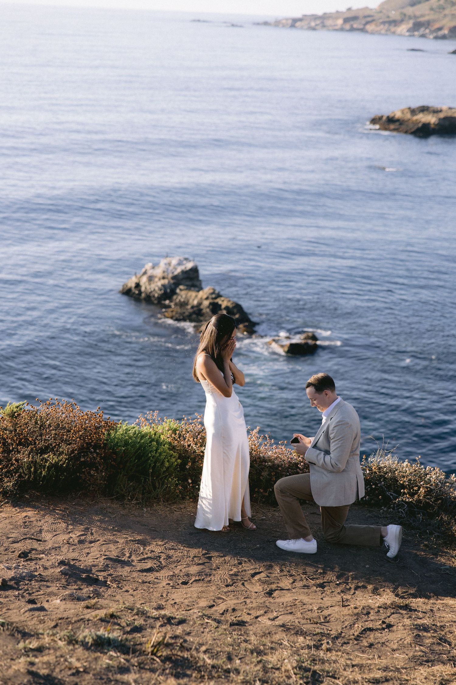 A romantic proposal scene unfolds on an oceanside cliff with rocky outcrops and blue waters in the background.