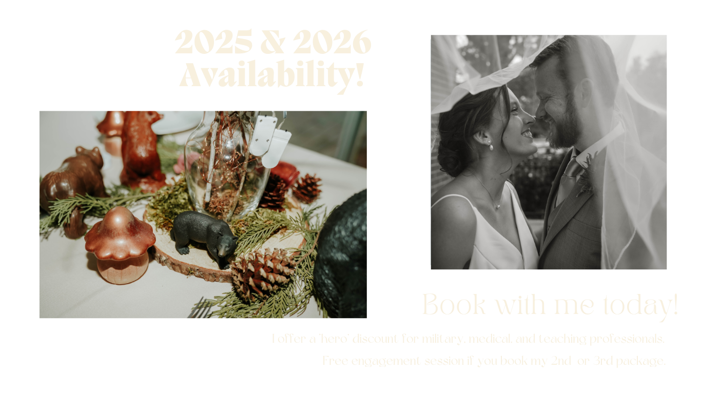A wedding planning advertisement showing table decor with pinecones next to an intimate couple portrait in black and white.