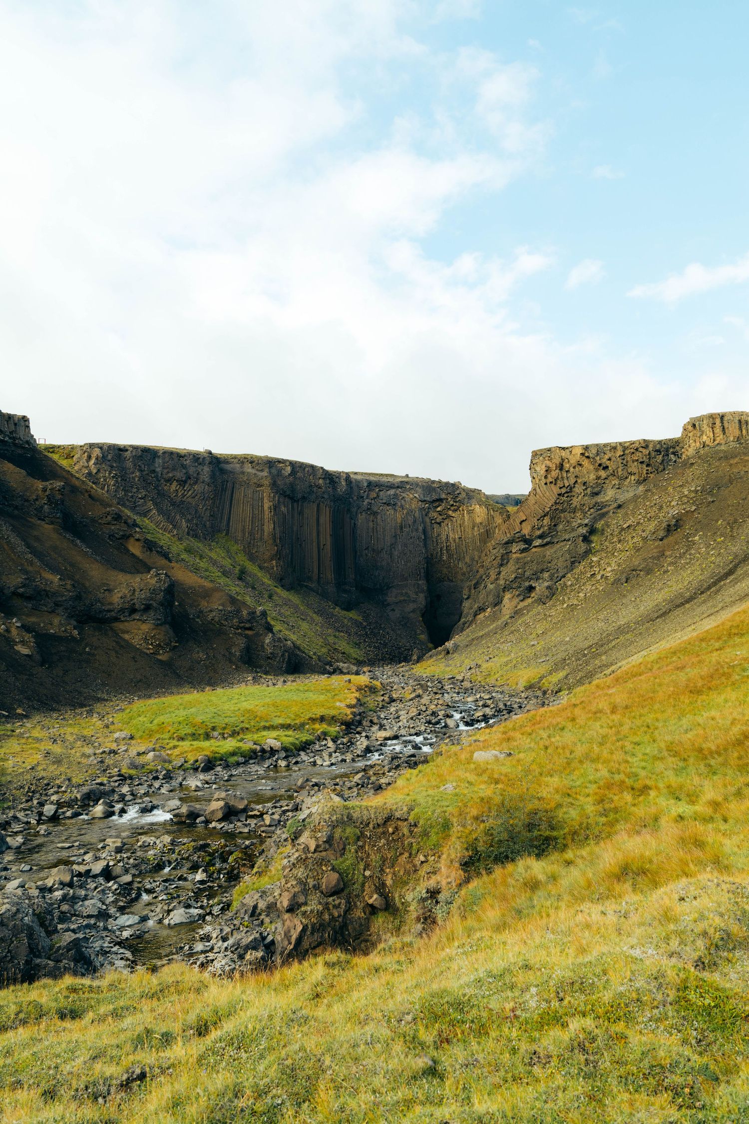 A rocky canyon with steep basalt cliffs and a winding stream through green grass and golden hillsides in Iceland.