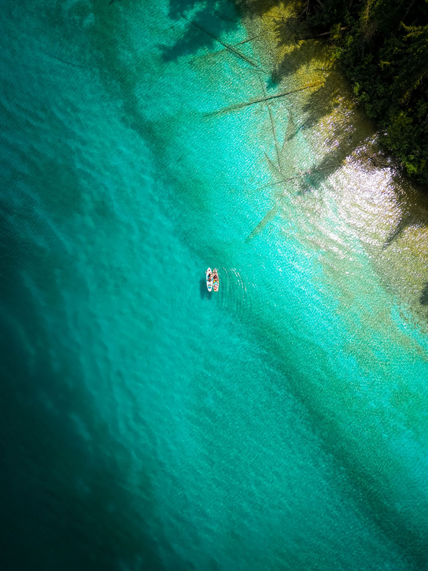 Aerial view of a small boat in crystal clear turquoise waters near a forested coastline.